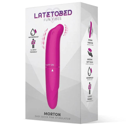 Morton Easy Quick Pink Stimulator Pink in packaging with waterproof and G-spot features highlighted.