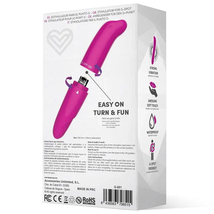 Morton Easy Quick Pink Stimulator Pink packaging with features highlighting strong vibration and G-spot stimulation.