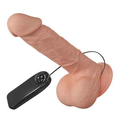 Realistic Vibrator 8,5 Remote Control with lifelike texture and detailed features, including textured testicles for enhanced sensation.