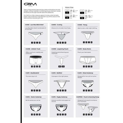 C4M size chart showing styles, fit guide and waist measurements for men’s bulge enhancing micro thong underwear