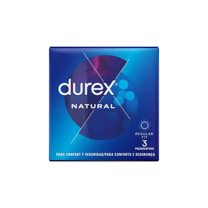 Durex Natural Condoms 3ud pack, regular fit, 56mm width, silicone lubricated, natural rubber latex for comfort and protection.