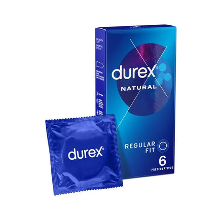 Durex Natural Condoms 6 pack next to single condom wrapper, regular fit, smooth surface with easy-on shape, Condoms Natural 6ud.