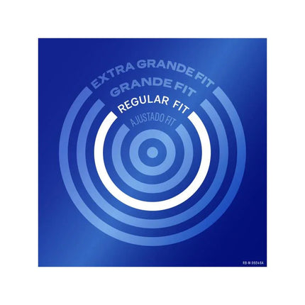 Condoms Natural 6ud fit guide showing extra grande, grande, regular fit size options on blue background.