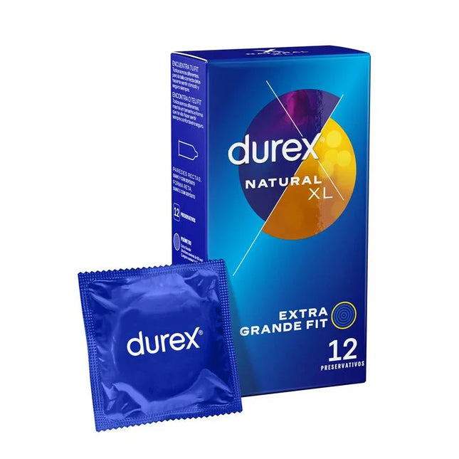 Durex Natural XL Condoms 12 units pack and single blue wrapped condom on display.