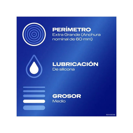 Packaging details of Natural XL Condoms 12 units highlighting size, silicone lubrication, and medium thickness in blue design.