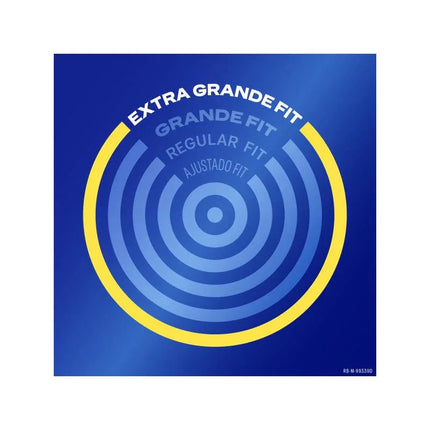 Natural XL Condoms 12 units packaging with extra grande fit design in blue and yellow color scheme