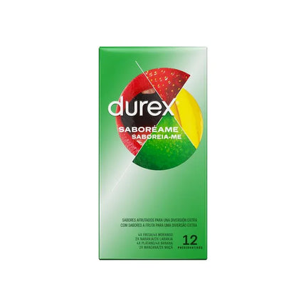Flavored Condoms Saboréame 12 ud pack by Durex with assorted fruit flavors, including strawberry and banana. Safe and fun protection.