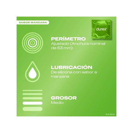 Durex apple-flavored condom packaging from the Flavored Condoms Saboréame 12 ud collection, featuring silicone lubrication.