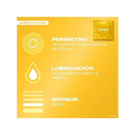 Flavored Condoms Saboréame 12 ud banana flavor, 53mm circumference, silicone lubrication, medium thickness by Durex.