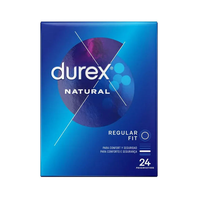 Durex Condoms Natural 24 ud box, regular fit, medium thickness for natural sensation and extra lubrication for comfort and protection.