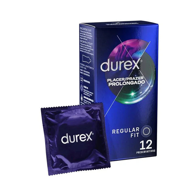 Condoms Placer Prolongado 12ud pack with single condom, Durex Prolonged Pleasure for extended sensation and comfort.