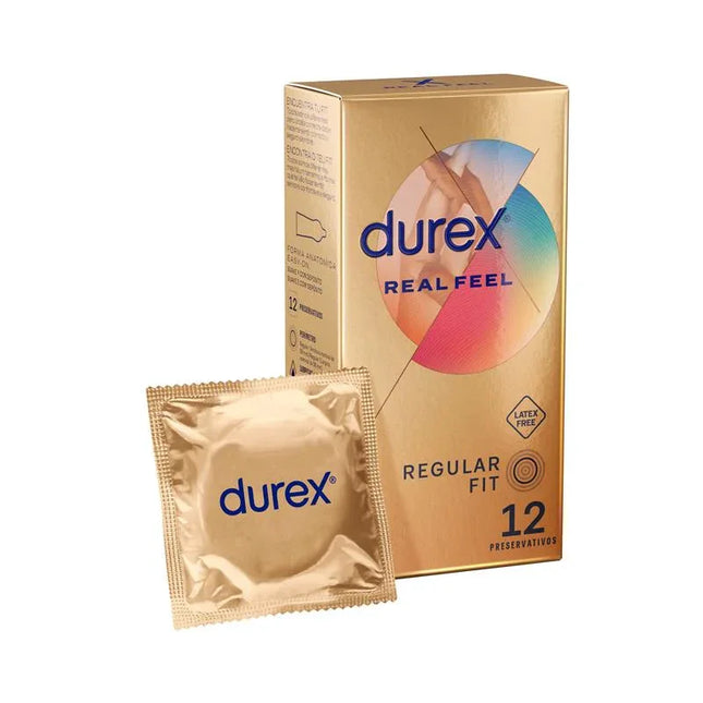 Condoms Real Feel 12ud in gold packaging, featuring latex-free polyisoprene for a natural sensation, suitable for those with latex allergies.