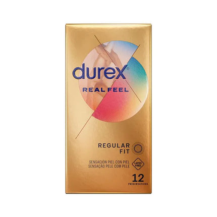 Condoms Real Feel 12ud box featuring polyisoprene material for a skin-like sensation and latex-free experience, 56 mm regular fit.