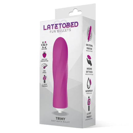 Packaging of Trimy Easy Quick Vibrating Bullet Silicone Pink showing product features and design.