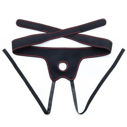 Adjustable Strap On with Dildo 7.5 harness; black and red strap-on harness for secure fit and comfort.