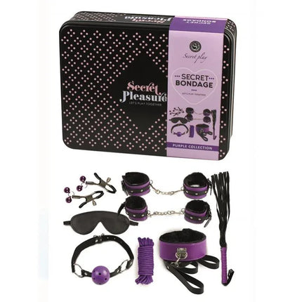 Set of 8 Pieces Bondage kit with synthetic leather case, including cuffs, rope, blindfold, and other accessories for couples.