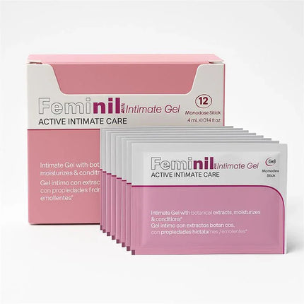 Warm Effect Feminil Lube 12 Monodose 4 ml sachets, intimate gel packaging displayed with product box