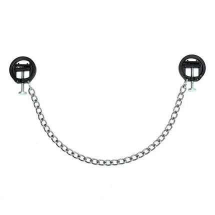 Black plastic nipple clamps with metal chain, adjustable design for beginners and fetish enthusiasts. Nipple Clamps Metal Adjustable.