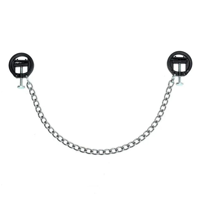 Black plastic nipple clamps with metal chain, adjustable design for beginners and fetish enthusiasts. Nipple Clamps Metal Adjustable.