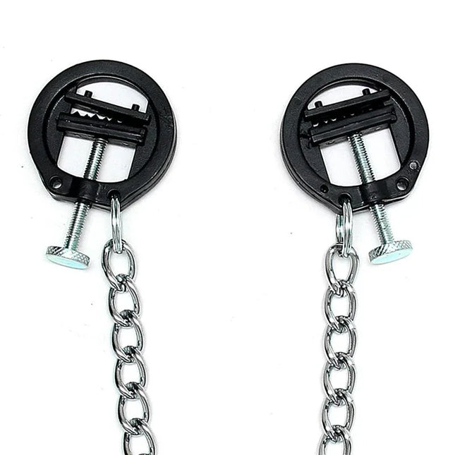 Nipple Clamps Metal Adjustable with black plastic design, showing chains and adjustable screws for secure grip and customizable pressure.