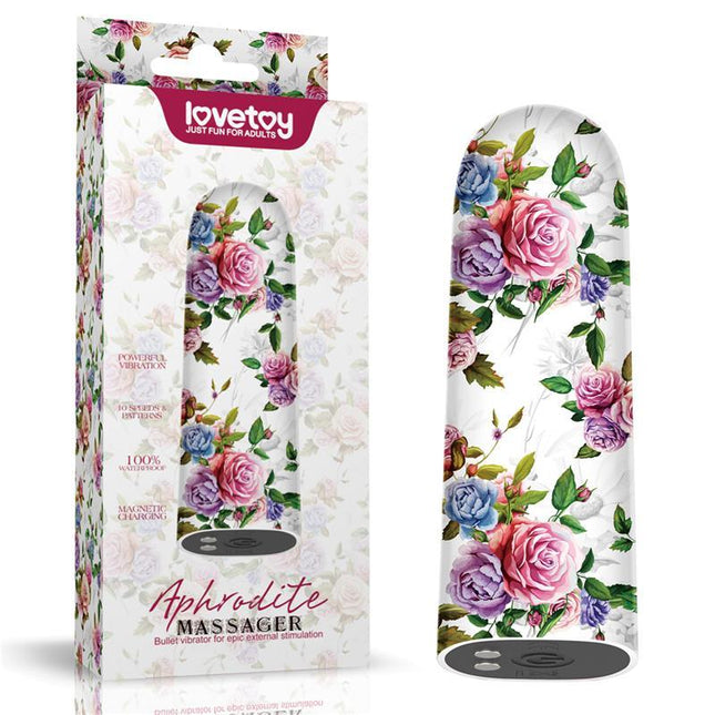 Vibrating Bullet Aphrodite in floral design packaging, featuring a powerful, silent motor and USB charging for versatile pleasure.