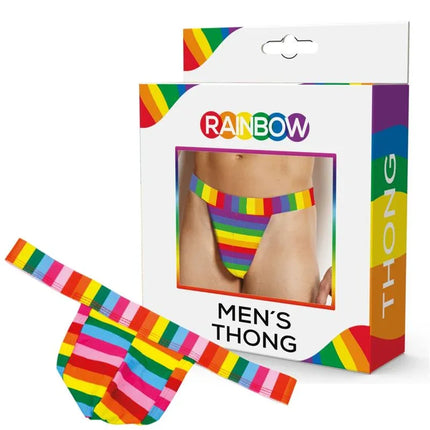 LGBT Mens Thong in rainbow design with packaging, illustrating vibrant colors for pride and comfortable everyday wear.