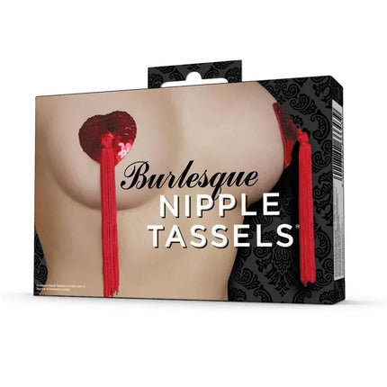 Packaging for Burlesque Nipple Covers with Tassels showing red sequin pasties and tassels for a glamorous look.