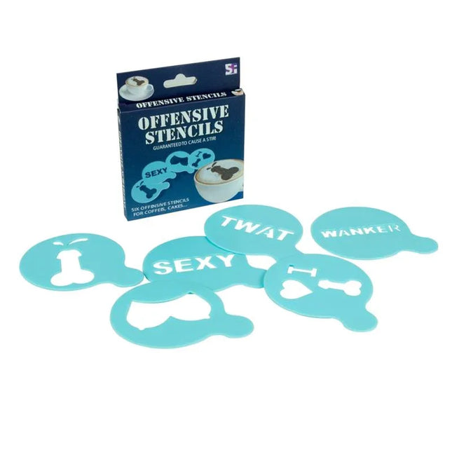 Pack of 12 Offensive Stencils featuring cheeky, reusable templates for adult decor on cakes and coffee.
