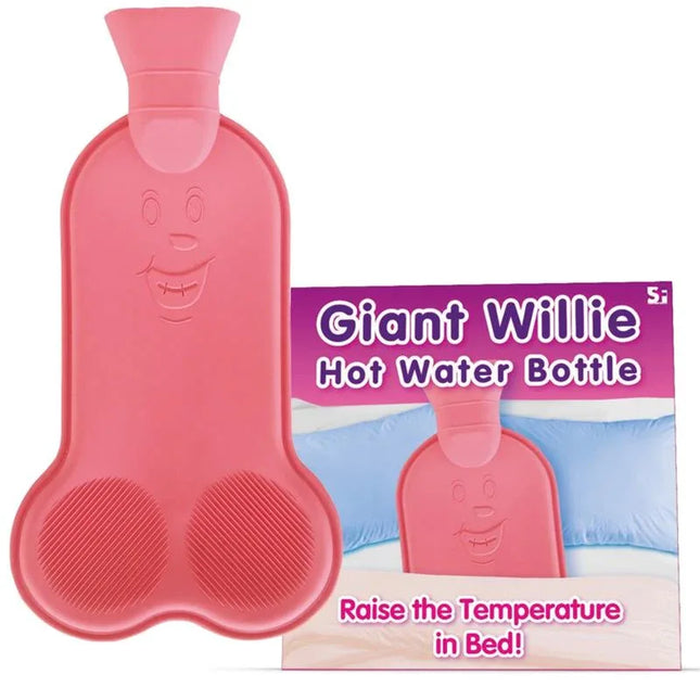 Giant Willie Hot Water Bottle in pink, offering warmth and comfort for cold nights, shown in front of its packaging box.