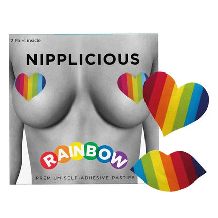 Nipplicious Heart Nipple Covers LGBT in rainbow, heart-shaped pasties, perfect for Pride and expressive fashion.