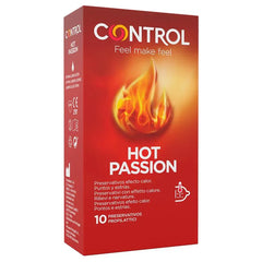 Hot Passion 10 Uds condoms box with warming and stimulating features displayed.