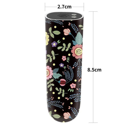 Vibrating Bullet Diana with floral pattern, 8.5 cm length, 2.7 cm diameter. Travel-friendly, discreet and compact personal vibe.