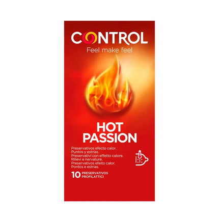 Hot Passion 10 Uds condom pack with a warming effect, enhancing stimulation with dots and ridges for an intimate experience.
