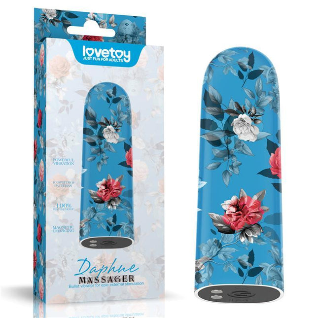 Vibrating Bullet Daphne in floral design packaging with 10 silent vibration functions for on-the-go pleasure.