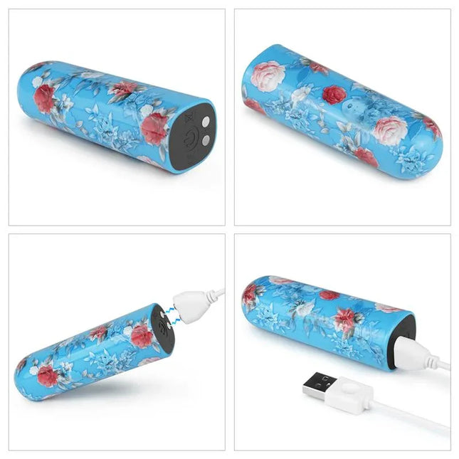 Vibrating Bullet Daphne, floral design, compact and travel-friendly with 10 vibration functions and magnetic USB charging cable.