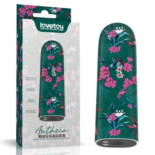 Vibrating Bullet Antheia with floral design, compact size, phthalates-free ABS body and magnetic USB charging next to packaging.