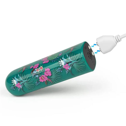 Vibrating Bullet Antheia with floral design and USB charging cable, showcasing compact, travel-friendly pleasure tool.
