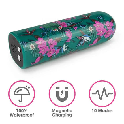 Vibrating Bullet Antheia with floral design, showing waterproof feature, magnetic charging, and 10 modes for travel-friendly pleasure.