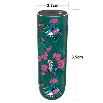 Vibrating Bullet Antheia with floral design, 8.5 cm length and 2.7 cm diameter, compact and travel-friendly pleasure tool.