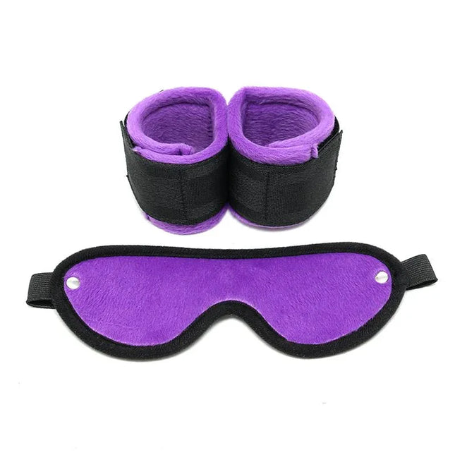 Handcuffs with Mask Adjustable Purple set featuring soft-nylon material, ideal for fantasy play and roleplay scenarios.