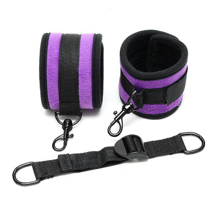 AnkleCuffs with Spreader Strap Adjustable Purple - European-made nylon cuffs for restraint play, secure fit, adjustable spread, Velcro closure.
