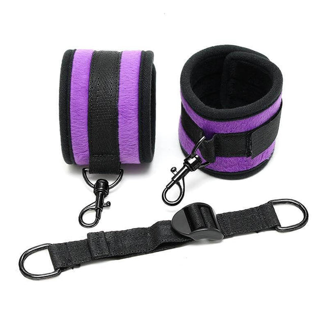 AnkleCuffs with Spreader Strap Adjustable Purple - European-made nylon cuffs for restraint play, secure fit, adjustable spread, Velcro closure.