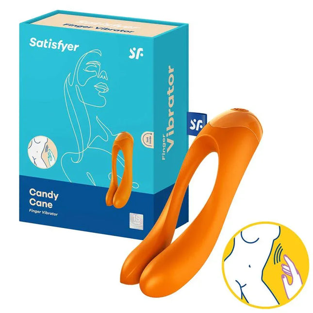Vibe Candy Cane Orange finger vibrator with packaging, featuring a compact design for versatile body caressing with powerful motor.
