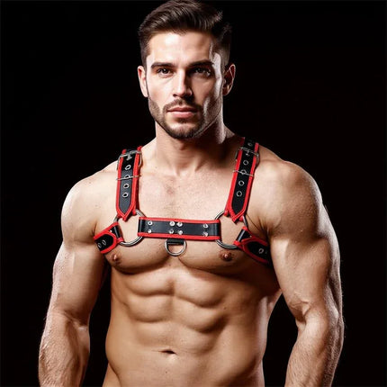 Odiseo Chest Bondage Harness for Men Vegan Leather in striking red and black design, showcasing luxurious style and adjustable fit.