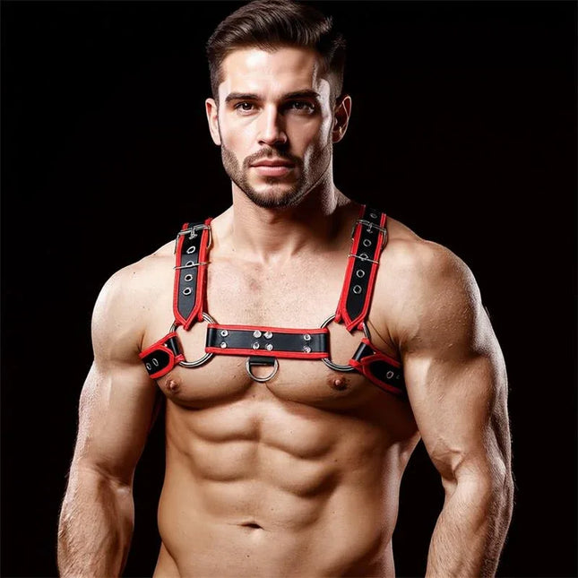 Odiseo Chest Bondage Harness for Men Vegan Leather in striking red and black design, showcasing luxurious style and adjustable fit.