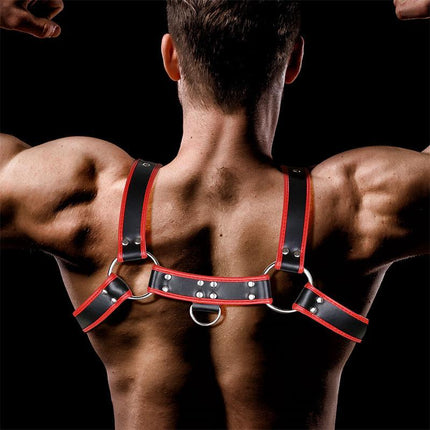 Odiseo Chest Bondage Harness for Men Vegan Leather in sleek black and red design, displayed on a muscular male model from behind