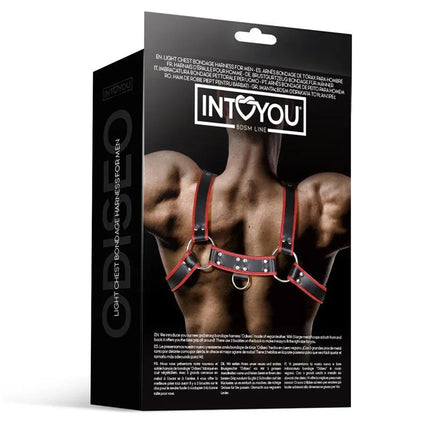 Odiseo Chest Bondage Harness for Men Vegan Leather packaging showing harness on model