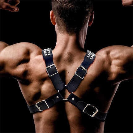 Adonis Chest Bondage Harness for Men Vegan Leather back view showcasing straps and buckles.