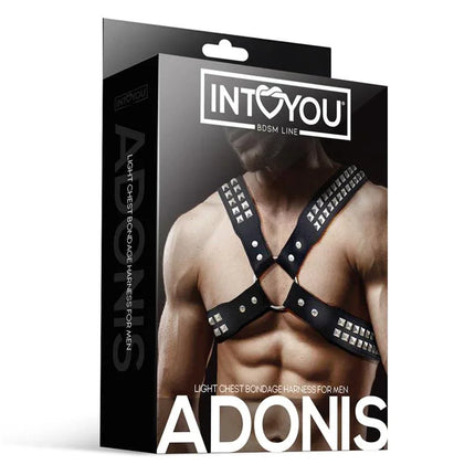 Adonis Chest Bondage Harness for Men Vegan Leather packaging showing a studded vegan leather chest harness on a muscular male model.