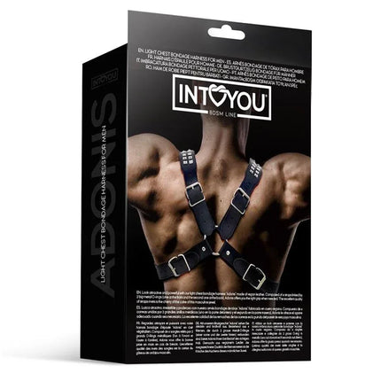 Adonis Chest Bondage Harness for Men Vegan Leather packaging showing harness design and details from the Fetish by Intoyou collection.